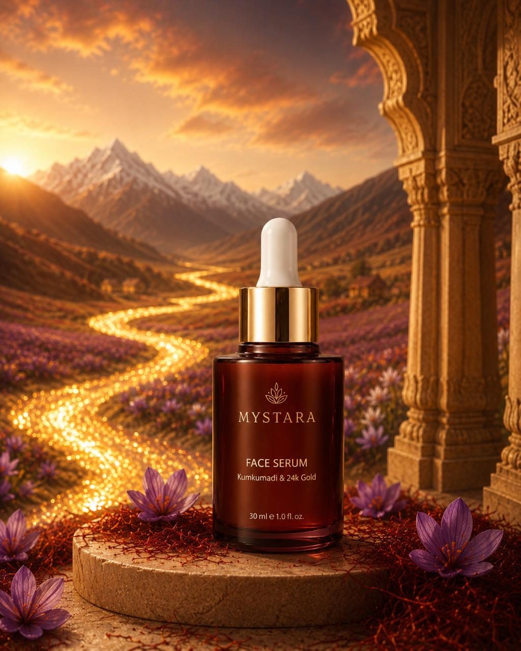 Mystara Kumkumadi & 24K Gold Face Serum in a Kashmir saffron valley at sunset